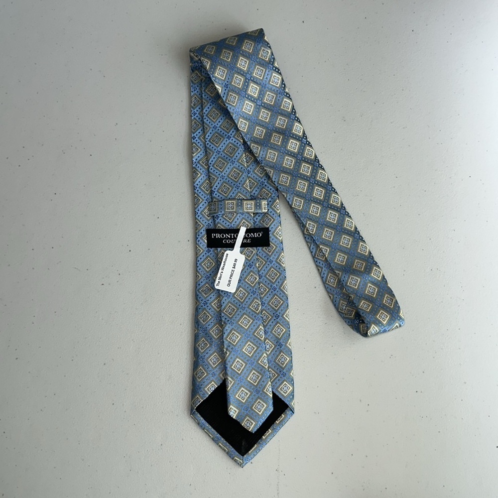 Pronto Uomo Geometric Blue and Gold Tie - Picture 2 of 10